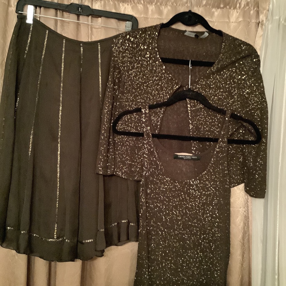 Carmen Marc Valvo Collection  3 piece beaded silk chiffon party set